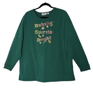 Quacker Factory Top Women's 1X Green Christmas Embellished Holiday Baking Stretc